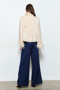 Fur Cuff Satin Blouse