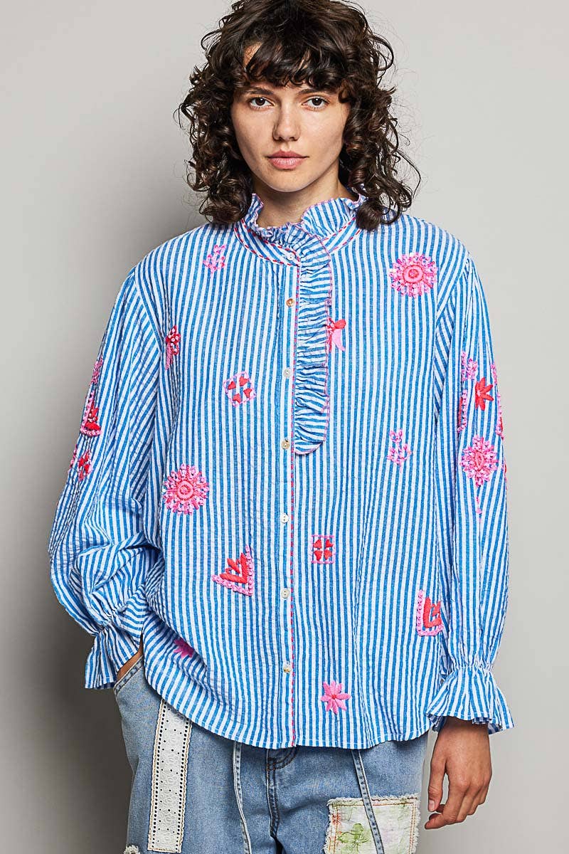 Embroidered Blue Striped Blouse