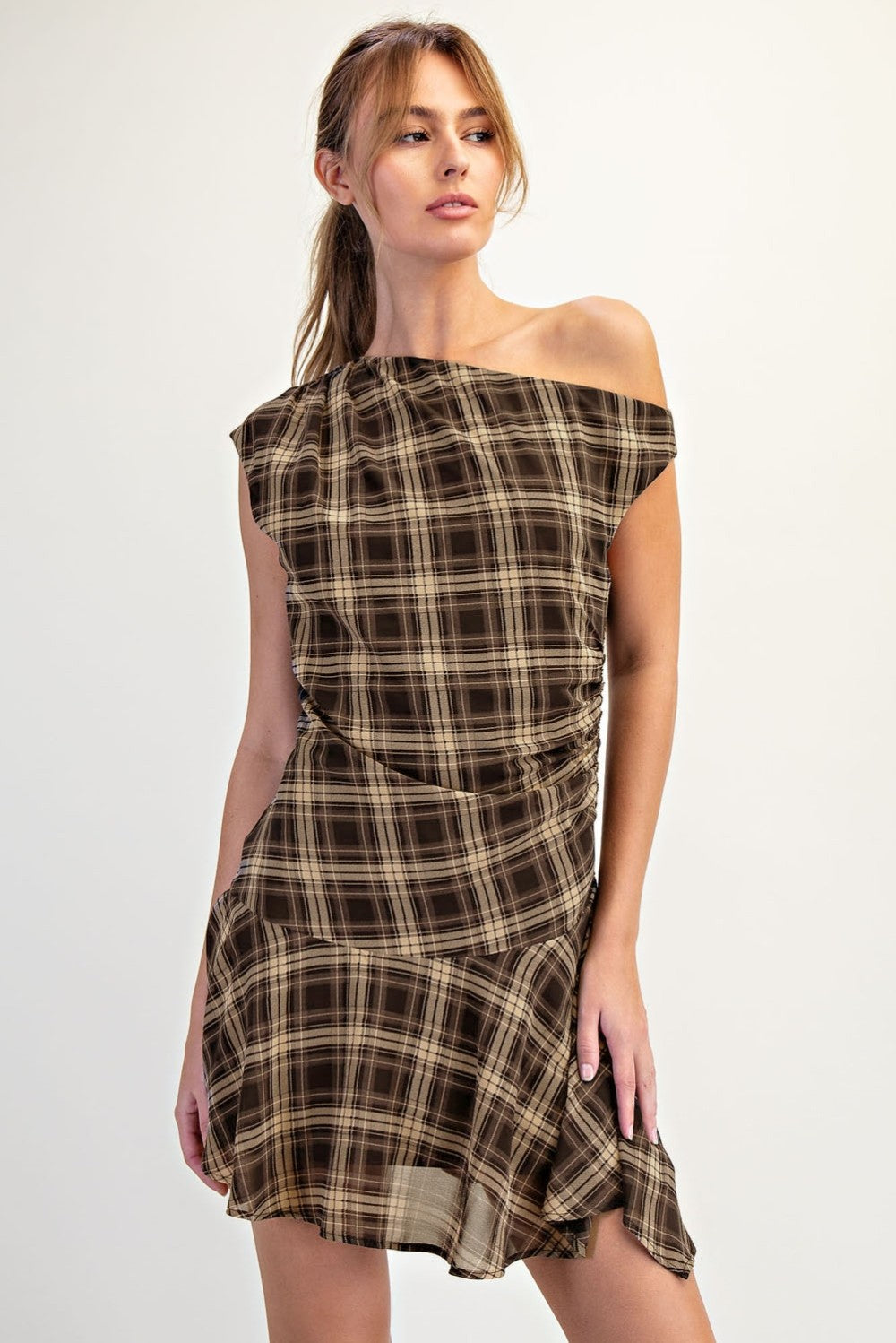 Plaid One Shoulder Mini Dress