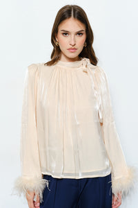 Fur Cuff Satin Blouse