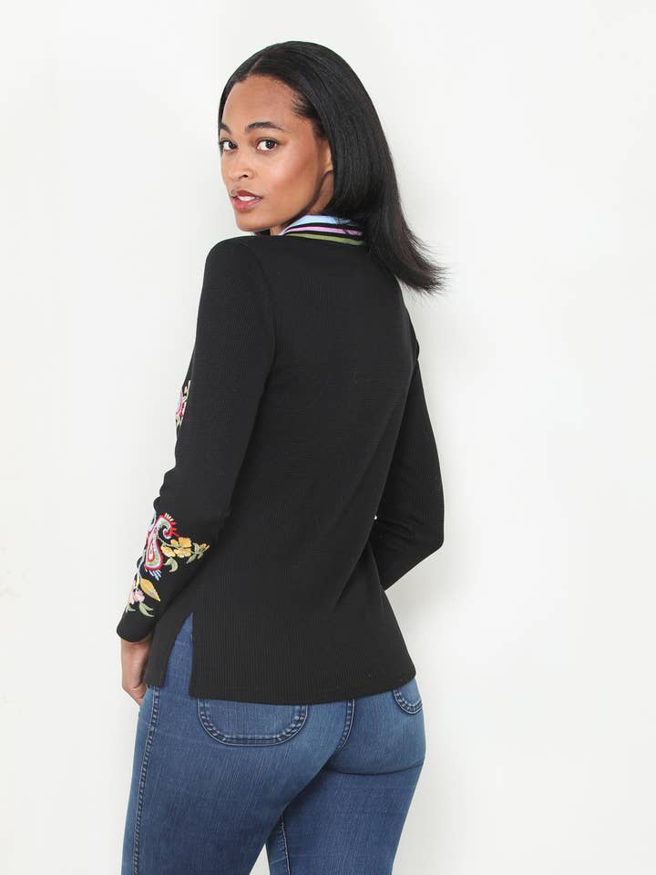 Floral Embroidered Thermal Polo Top