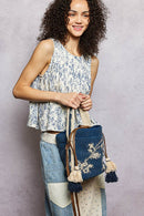 Butterfly Embroidered Textured Crossbody Bag