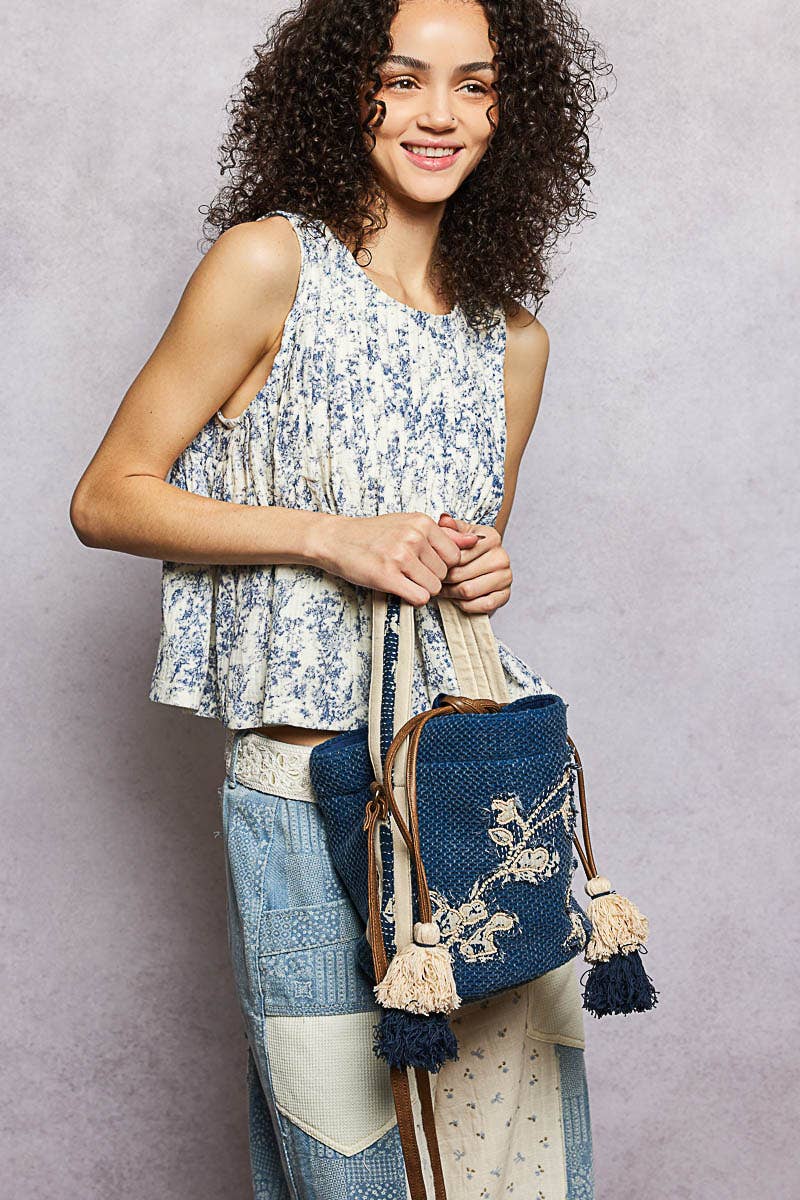 Butterfly Embroidered Textured Crossbody Bag