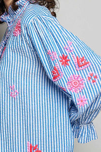 Embroidered Blue Striped Blouse