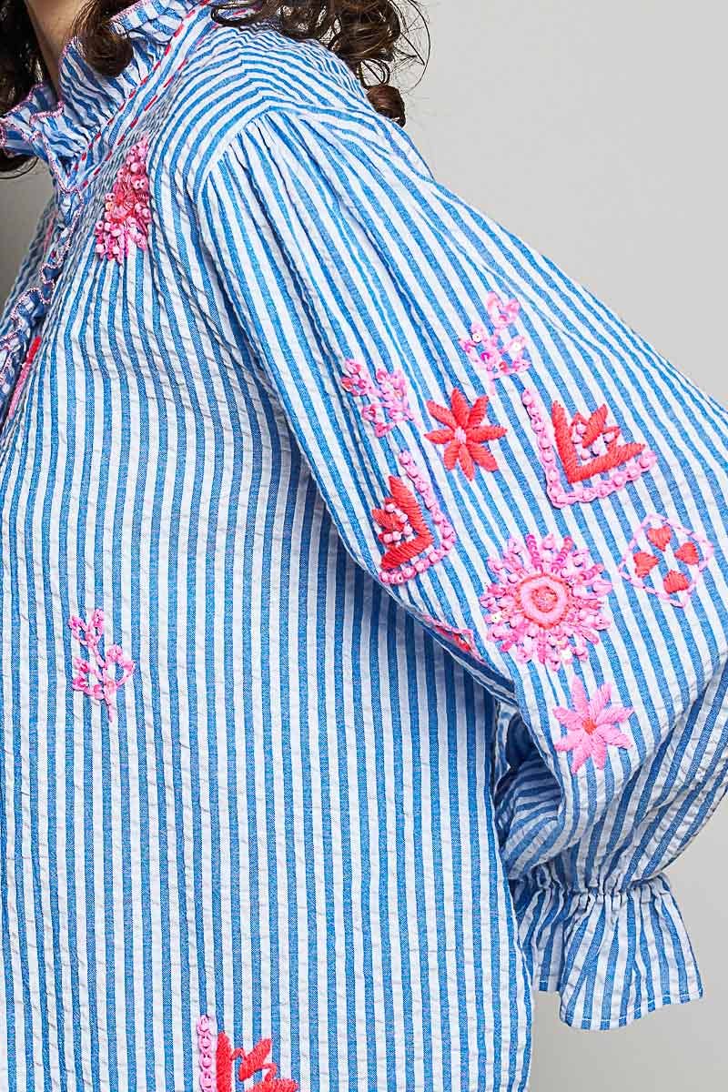 Embroidered Blue Striped Blouse