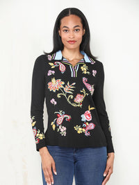 Floral Embroidered Thermal Polo Top