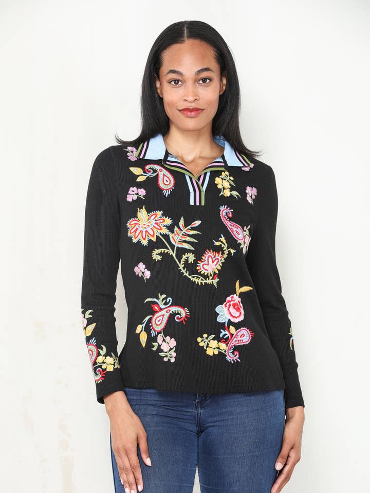 Floral Embroidered Thermal Polo Top