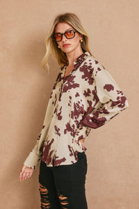 Cow Print Satin Button-Down