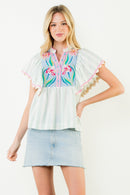 Flutter Sleeve Embroidered Top