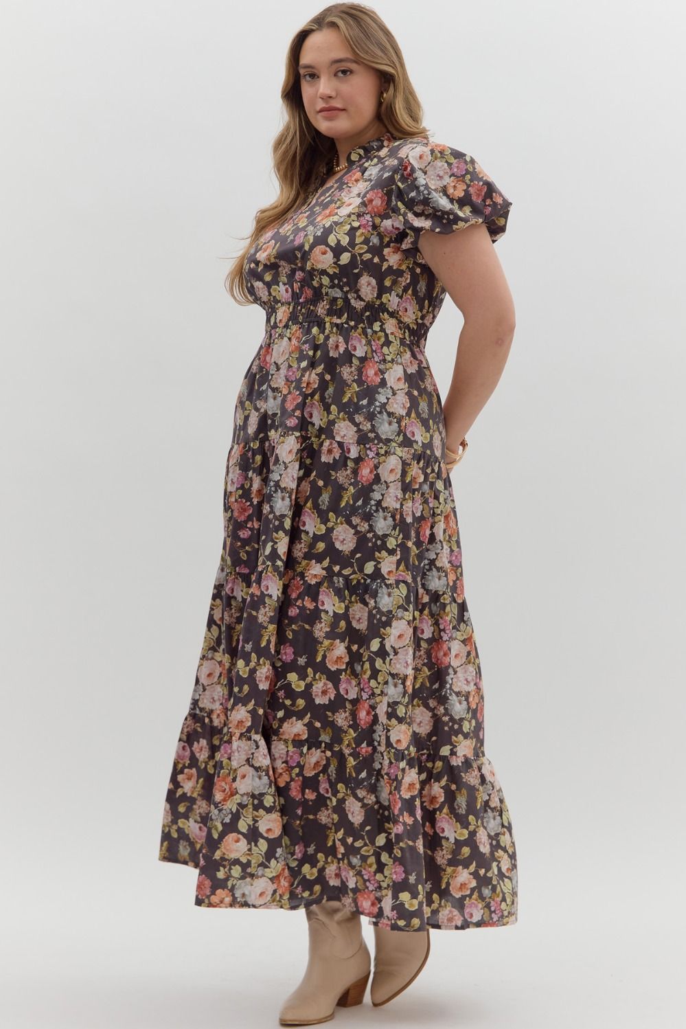 Bubble Sleeve Floral Maxi Dress