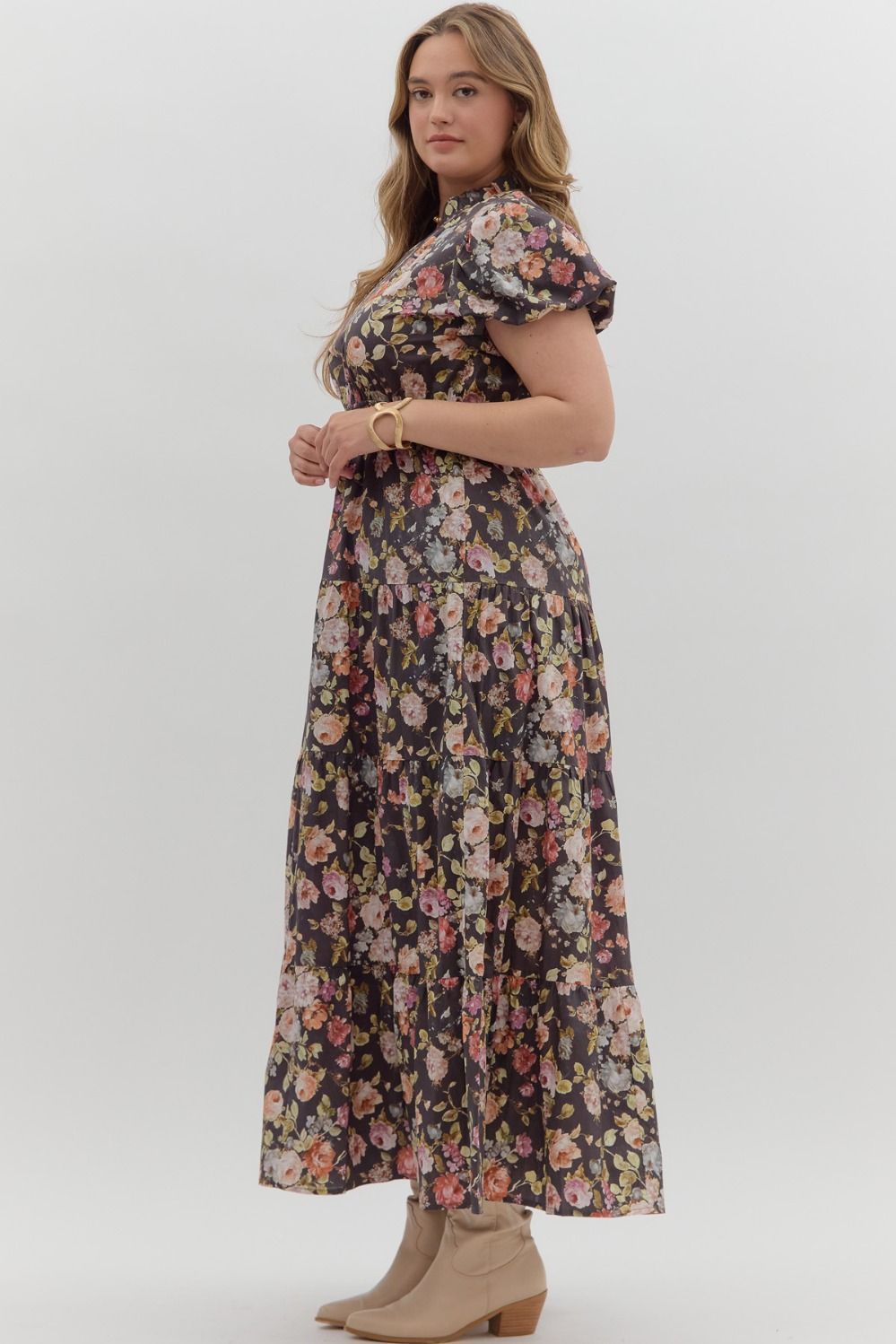 Bubble Sleeve Floral Maxi Dress