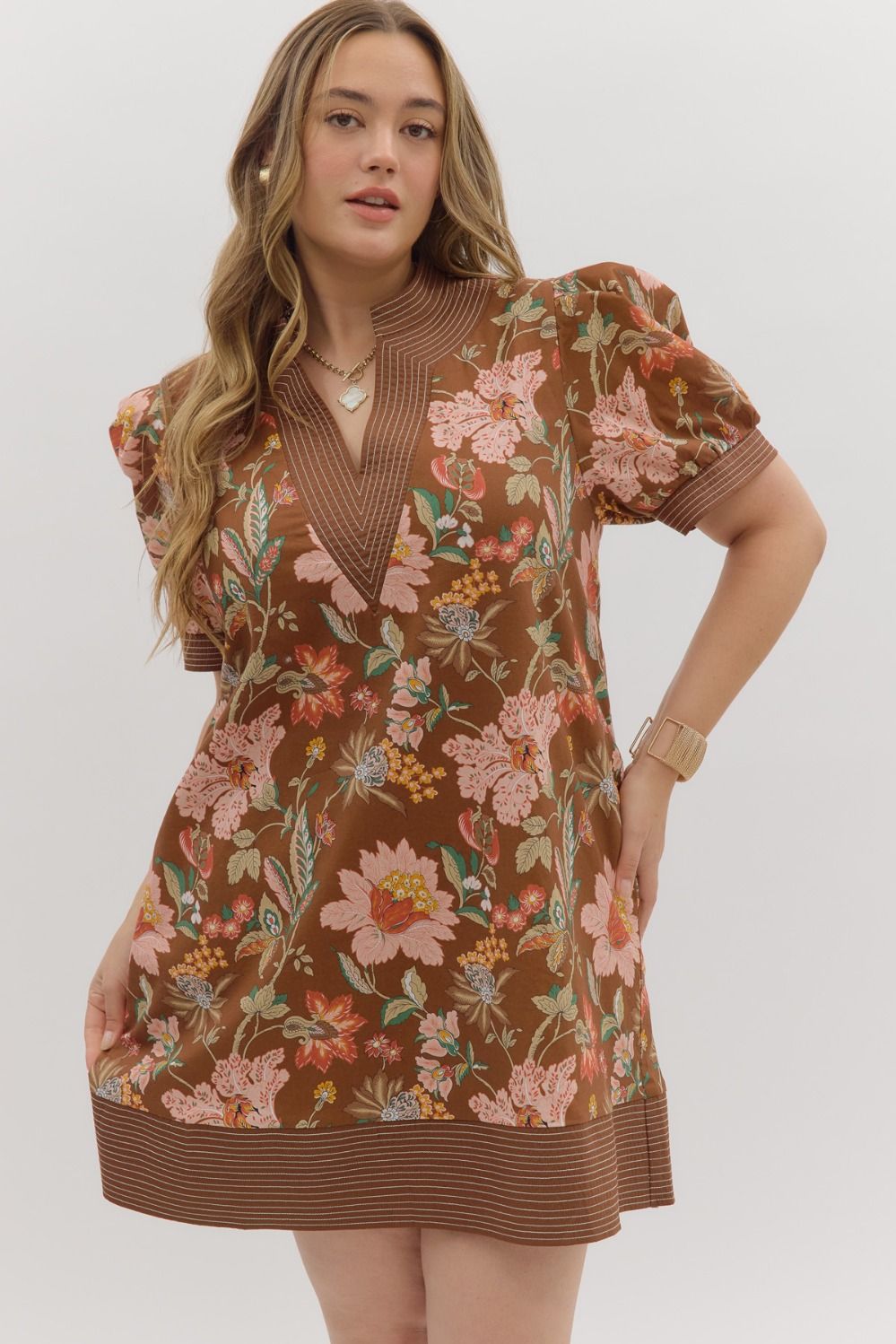 Contrast Stitch Band Floral Dress