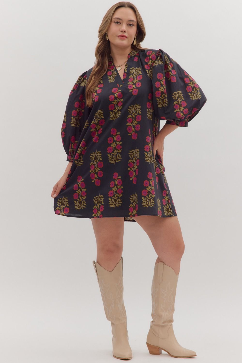 Puff Sleeve V-Neck Floral Dress