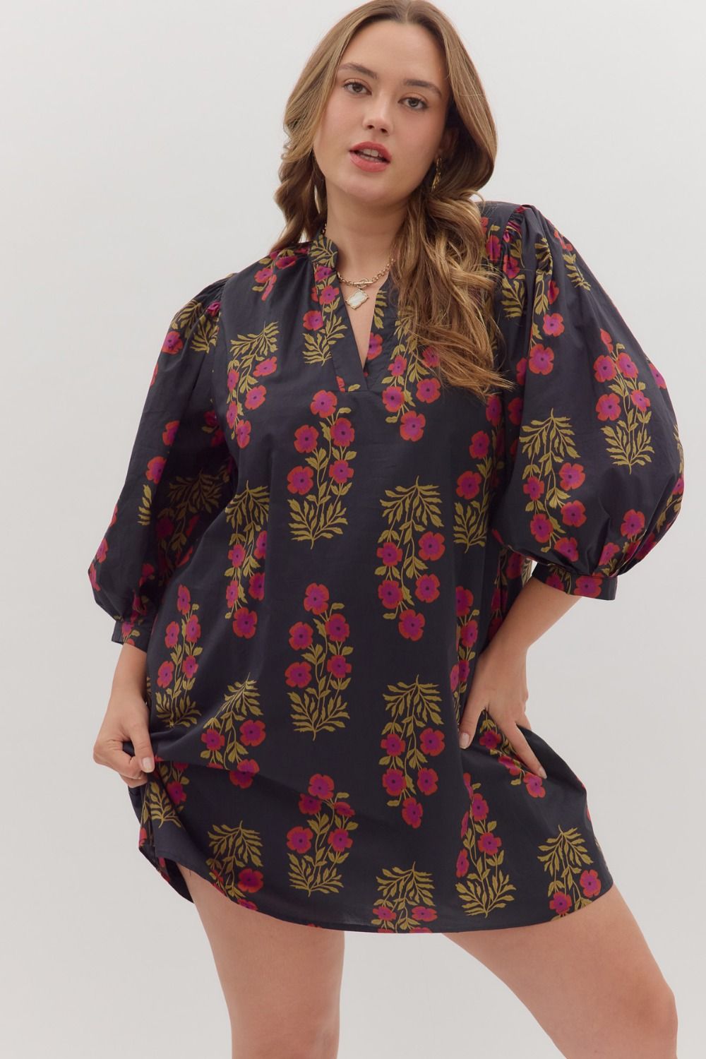 Puff Sleeve V-Neck Floral Dress