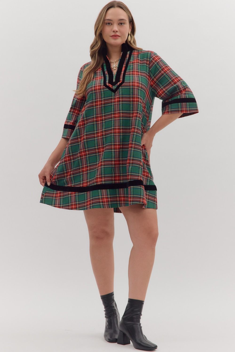 Velvet Piping Plaid Dress