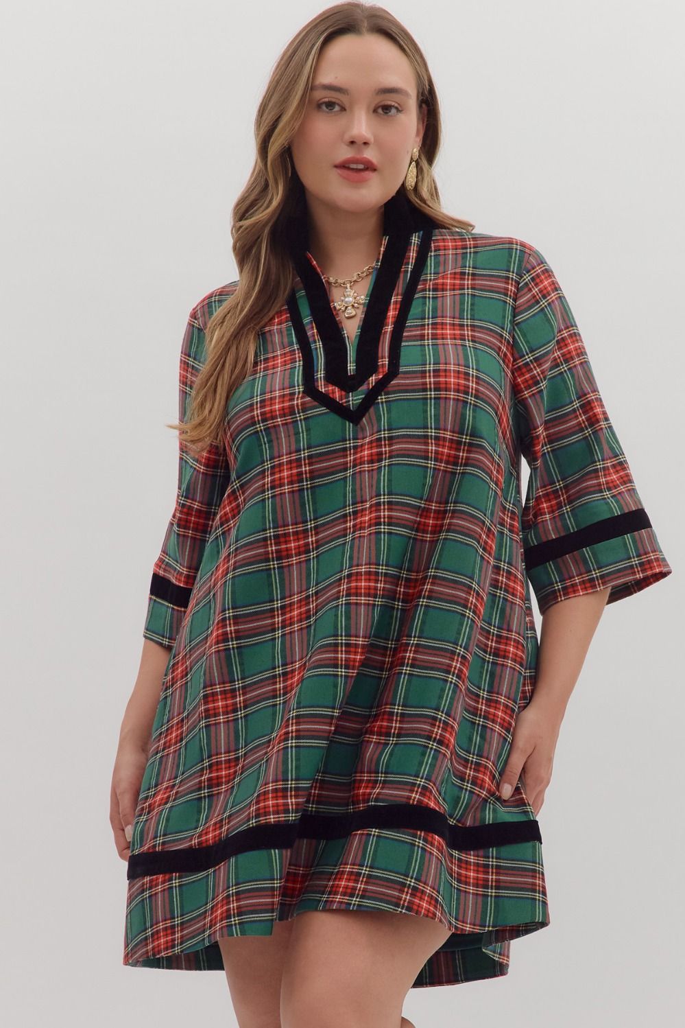 Velvet Piping Plaid Dress