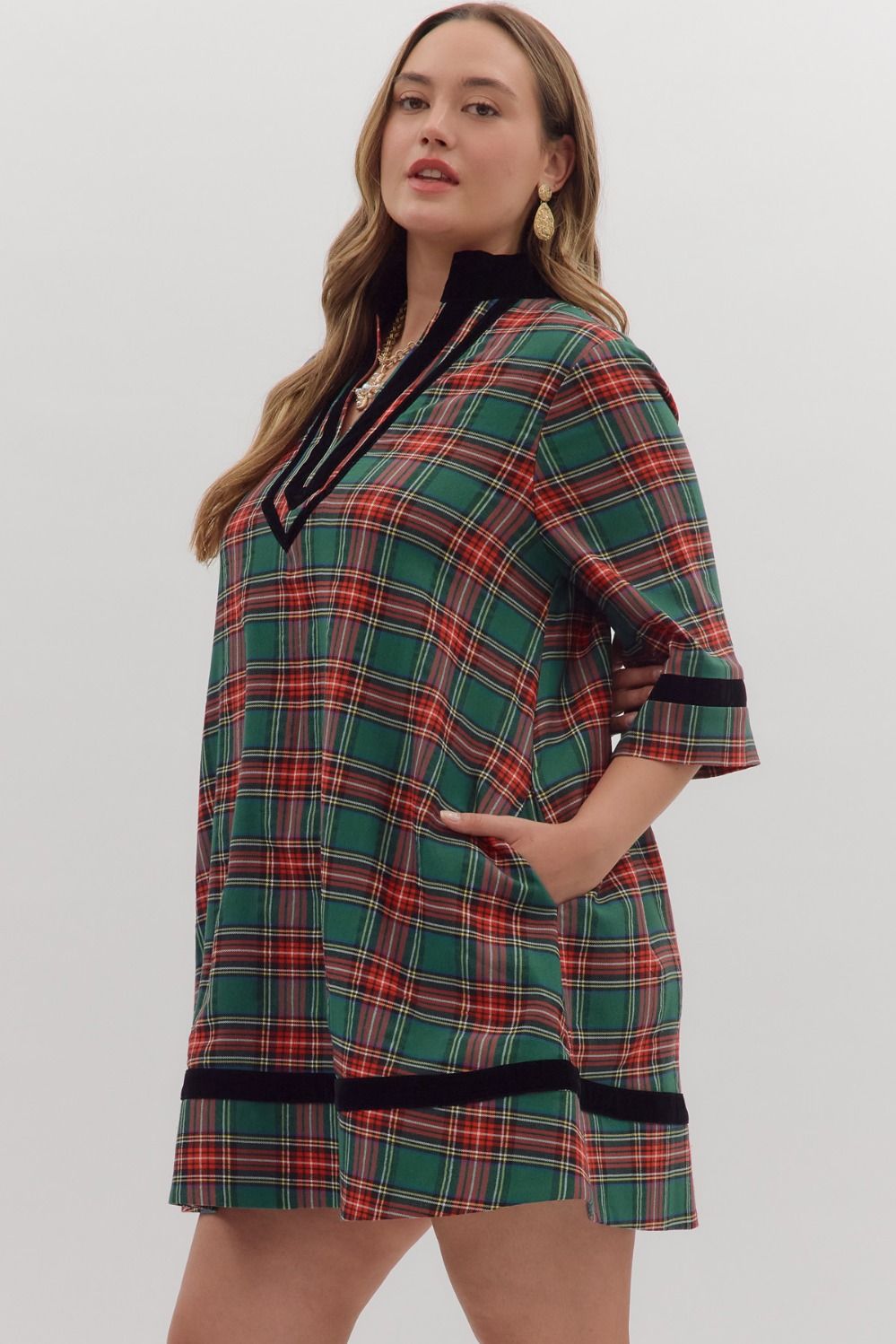 Velvet Piping Plaid Dress