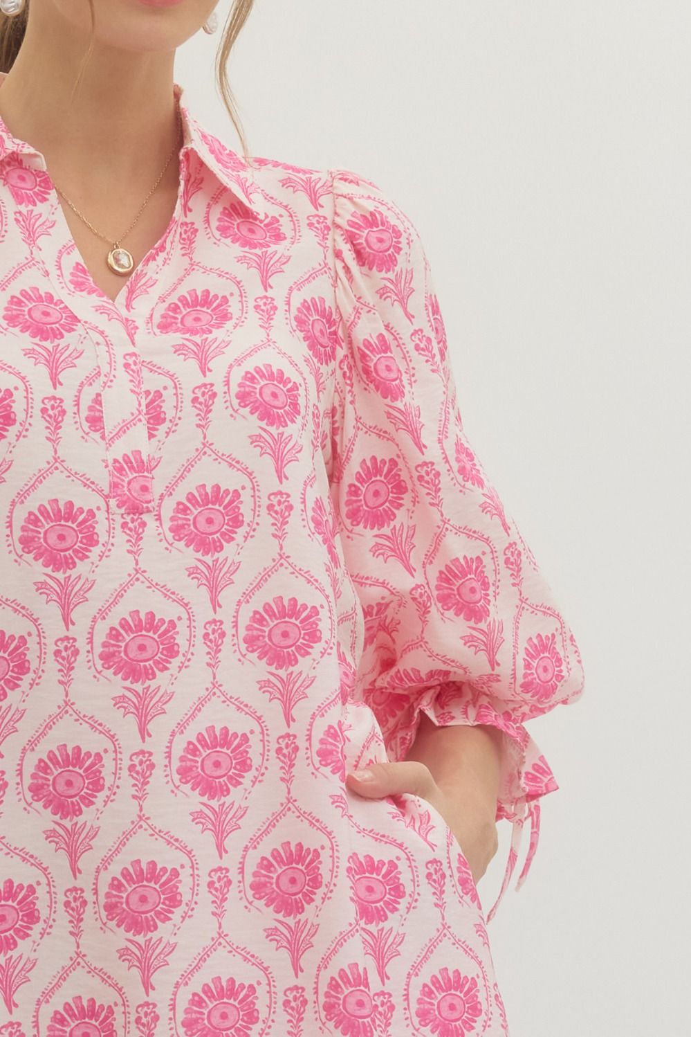 Stamped Floral 3/4 Sleeve Mini Dress