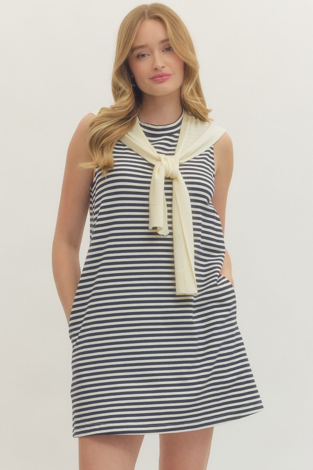 Attached Scarf Striped Dress