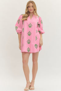 Pink & Green Embroidered Dress