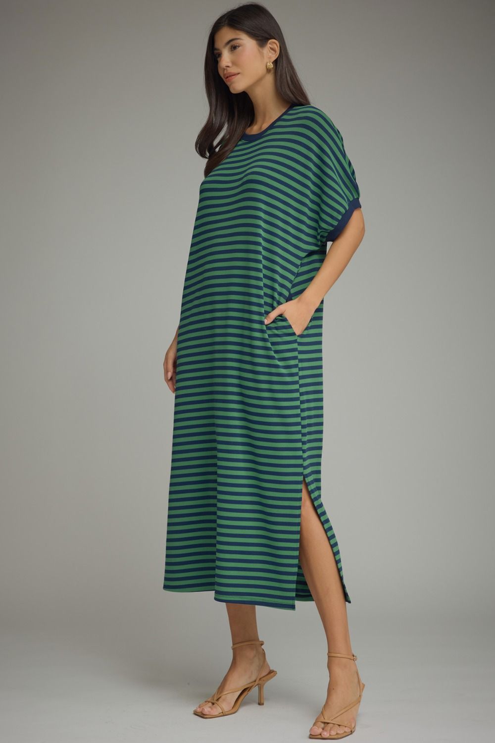 Green/Navy Striped Midi Dress