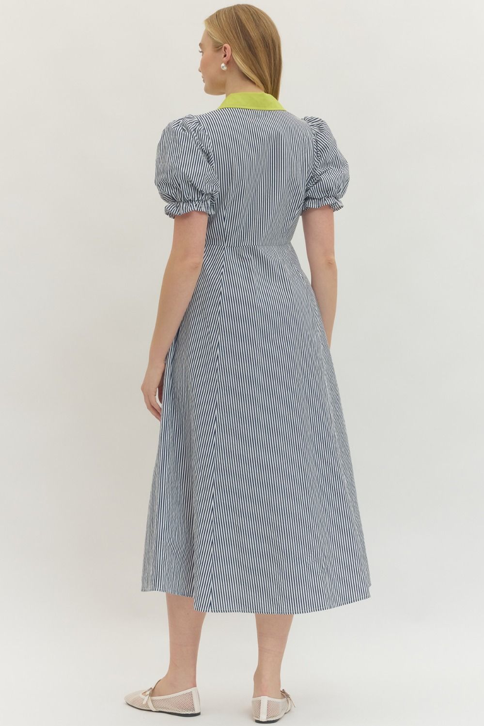 Contrast Collar Striped Midi Dress