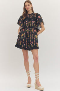 Lace Yoke Flutter Sleeve Mini Dress