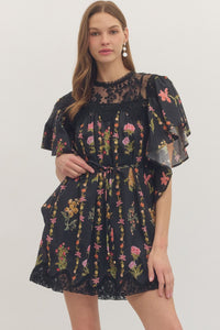 Lace Yoke Flutter Sleeve Mini Dress