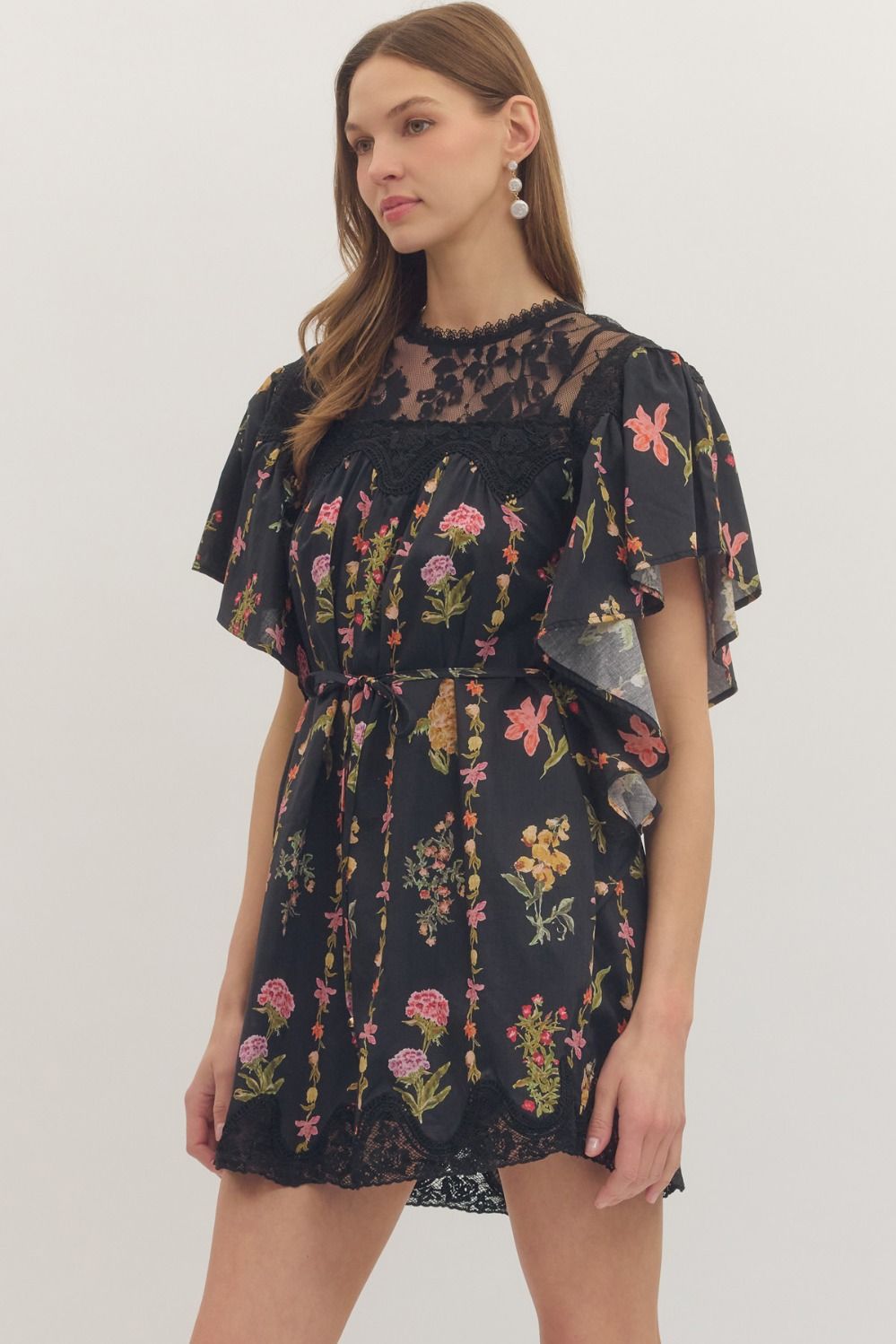 Lace Yoke Flutter Sleeve Mini Dress