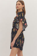 Lace Yoke Flutter Sleeve Mini Dress