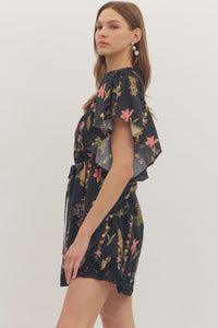 Lace Yoke Flutter Sleeve Mini Dress