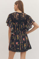 Lace Yoke Flutter Sleeve Mini Dress