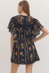 Lace Yoke Flutter Sleeve Mini Dress