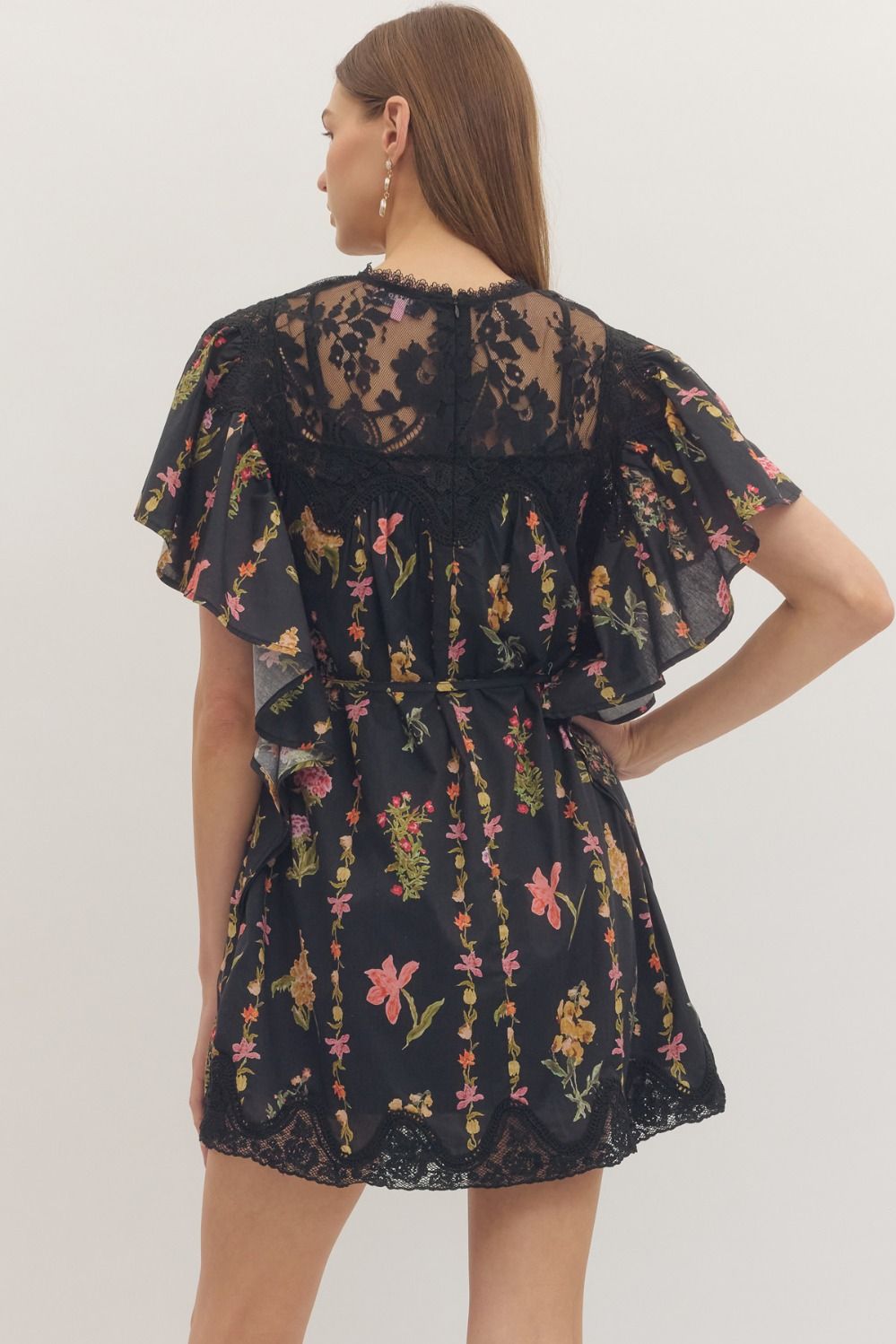 Lace Yoke Flutter Sleeve Mini Dress