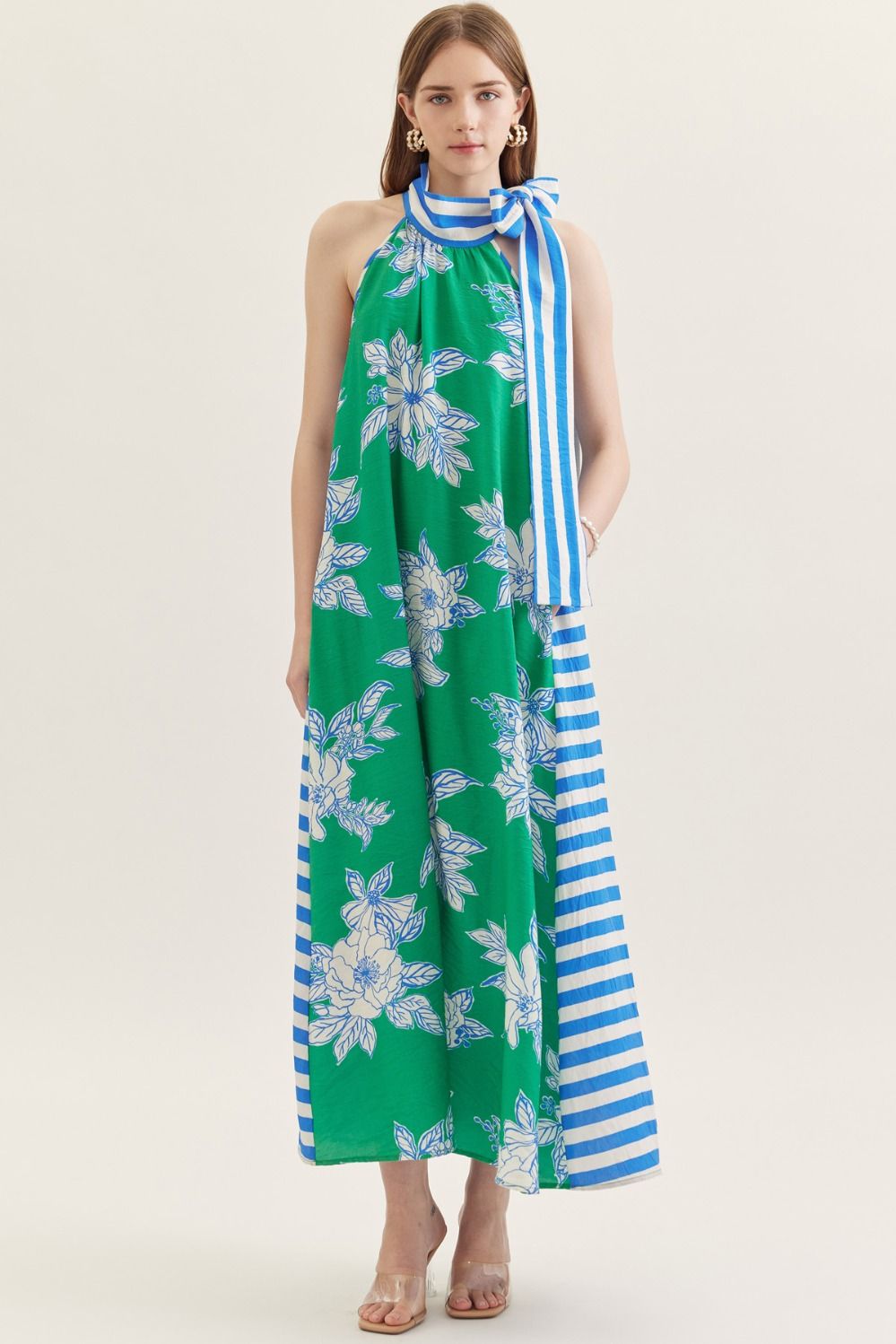 Contrast Neck Tie Maxi Dress