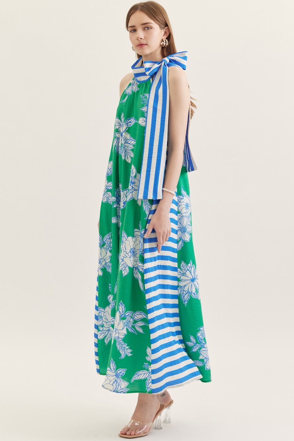 Contrast Neck Tie Maxi Dress