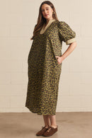 Contrast Collar Leopard Midi Dress