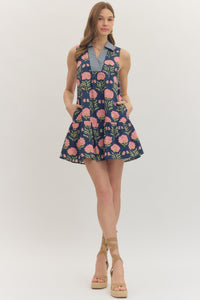 Contrast Collar Floral Sleeveless Dress