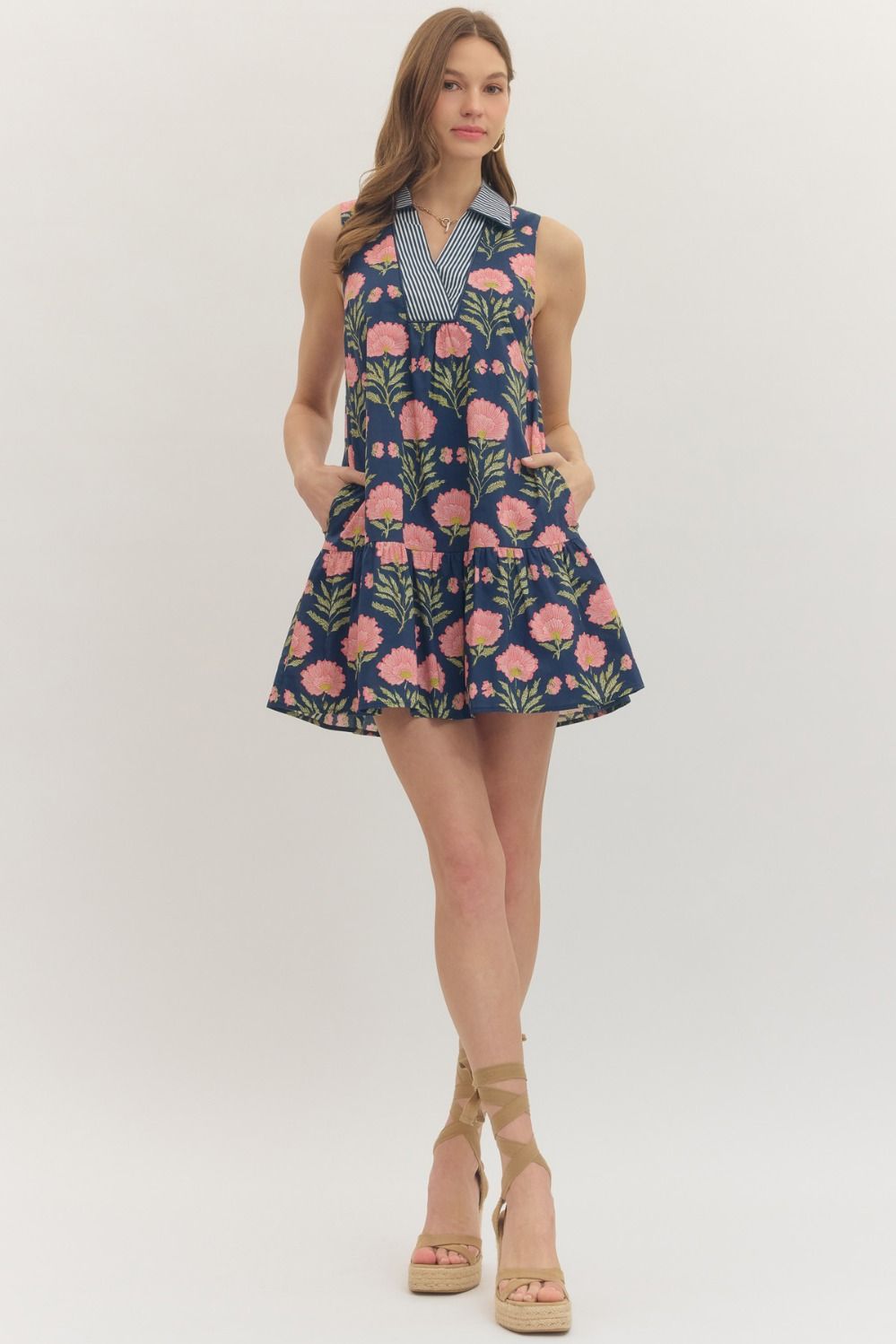 Contrast Collar Floral Sleeveless Dress