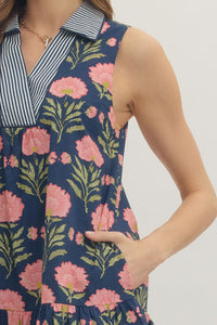 Contrast Collar Floral Sleeveless Dress