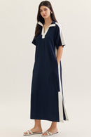 Contrast Collar Solid Maxi Dress