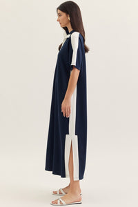 Contrast Collar Solid Maxi Dress