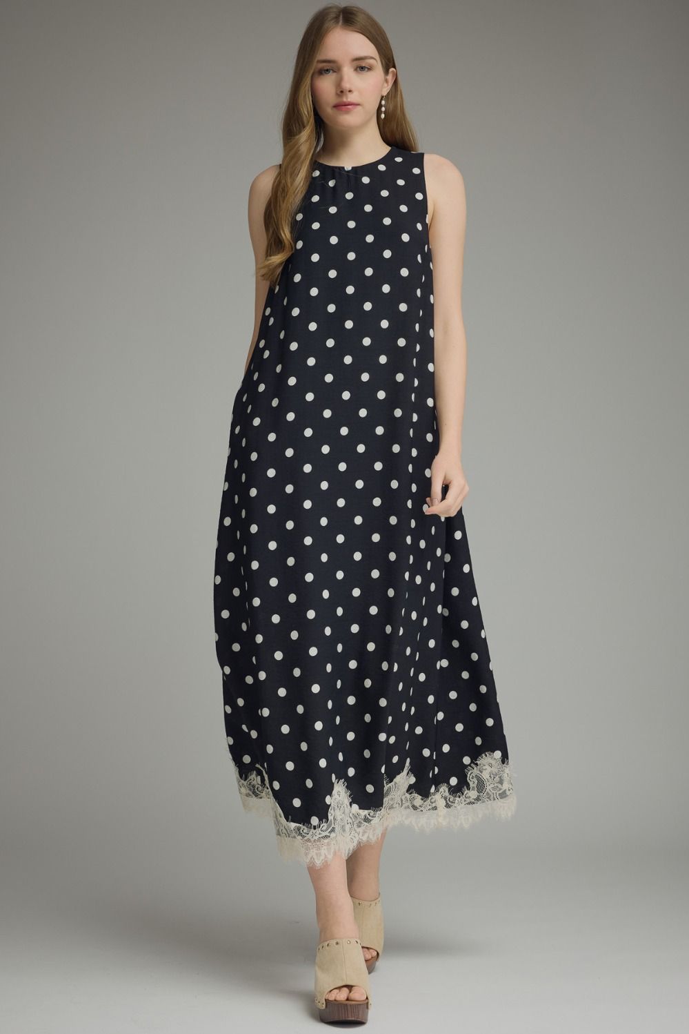 Lace Detailed Polka Dot Maxi Dress