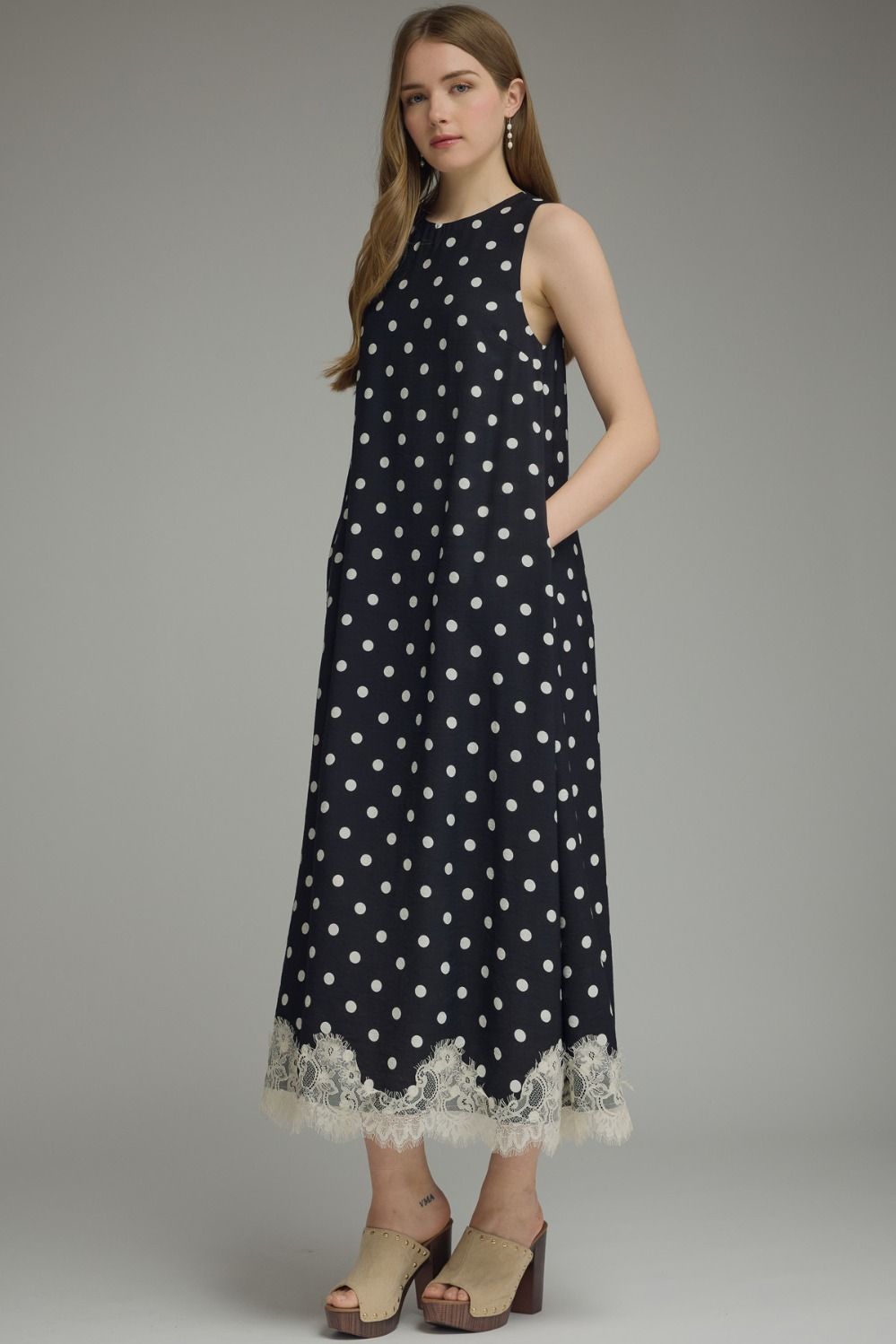 Lace Detailed Polka Dot Maxi Dress