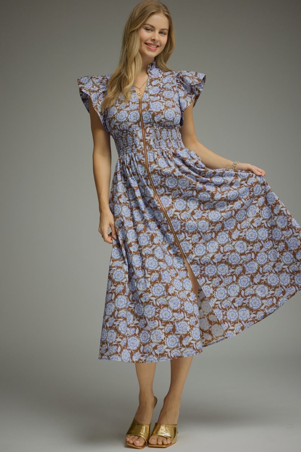 Zip Up Floral Midi Dress