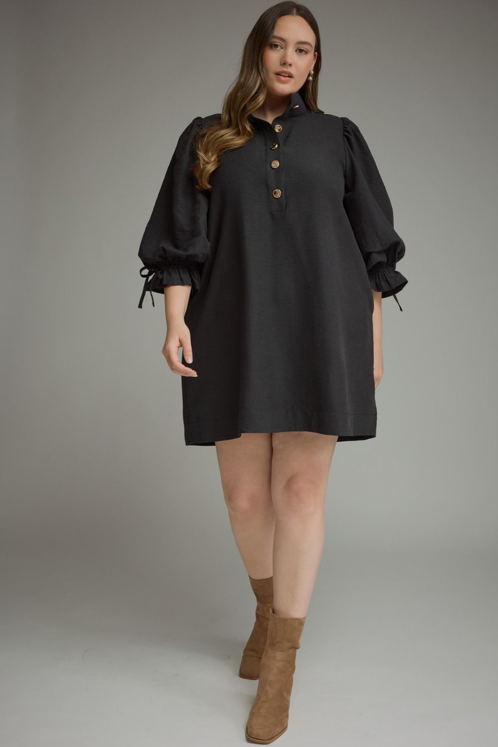Gold Button Solid Mini Dress