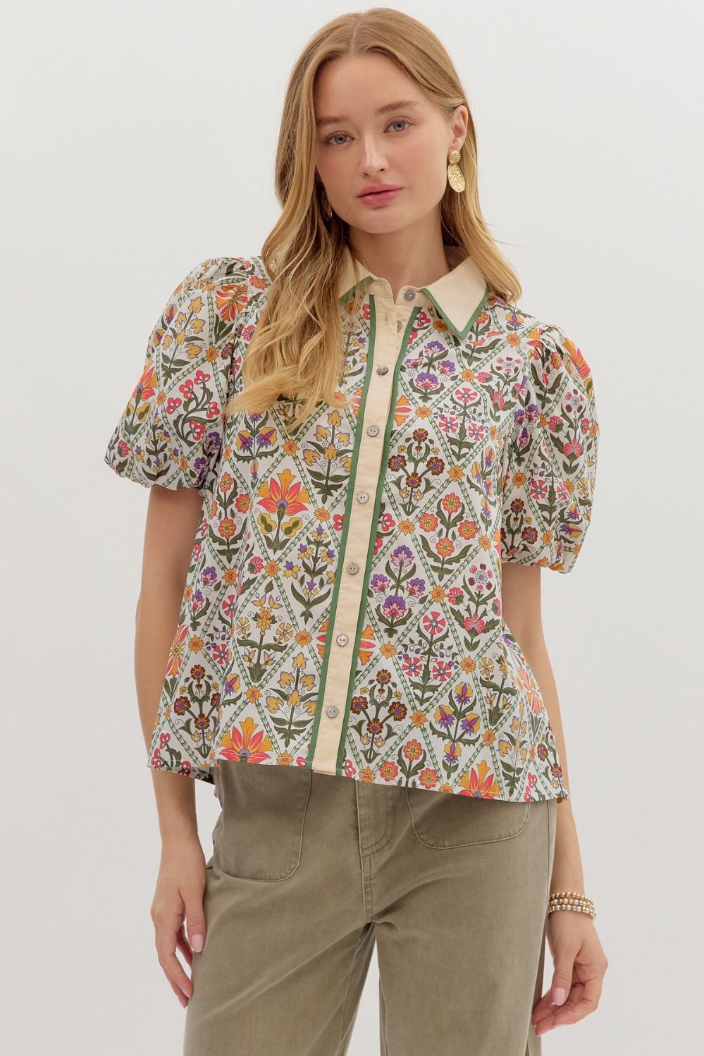 Contrast Collar Floral Blouse