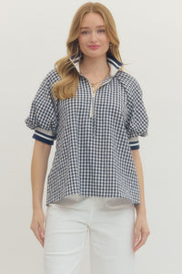 Gingham Collared Henley Blouse