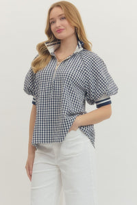 Gingham Collared Henley Blouse