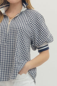 Gingham Collared Henley Blouse